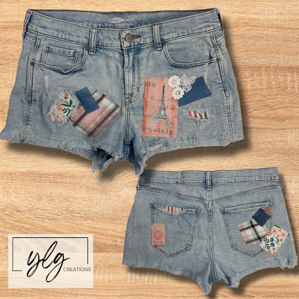 Old Navy Jean Short Paris Patched French Boho Pink Flower Cut Off Ripped Denim 6